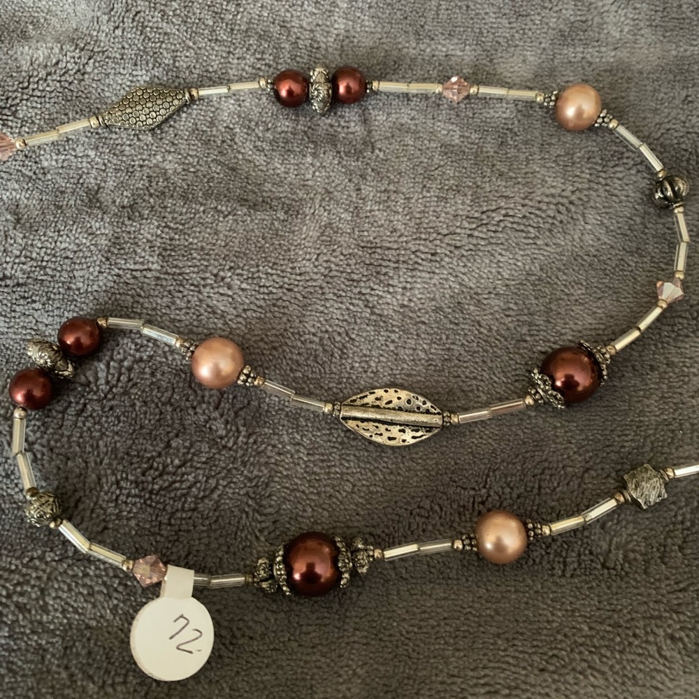 Long beaded necklace, brown with beige